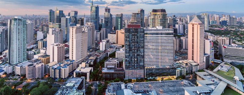 Eleveted, night view of Makati, the business district of Metro Manila.