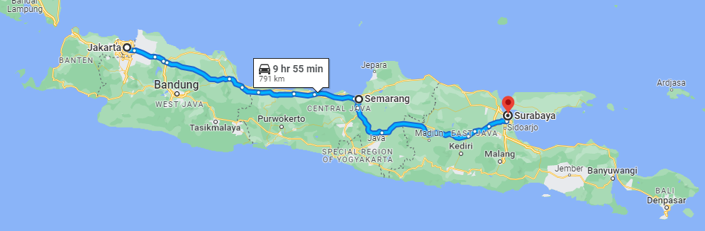 Google map showing the driving distance between Jakarta and Surabaya (791 km = about 9 hours & 55 minutes).