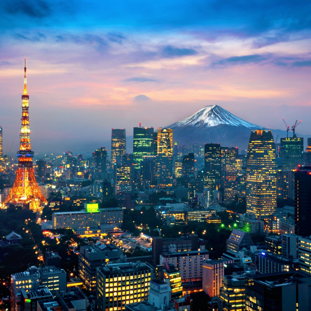 Photo is aerial view of Tokyo cityscape with Fuji mountain