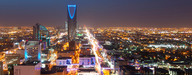 Riyadh skyline at night, showing Olaya Street Metro Construction
