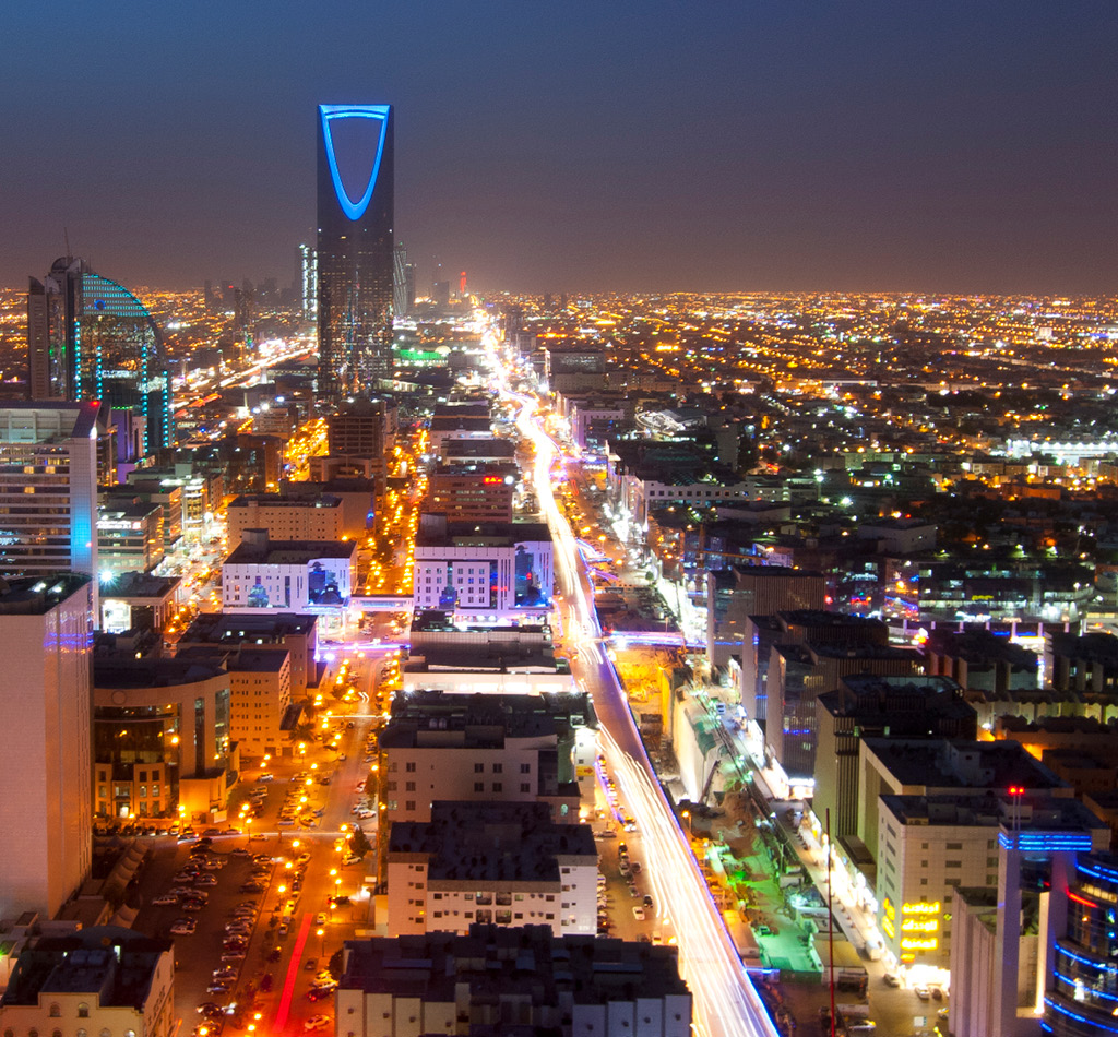Riyadh skyline at night, showing Olaya Street Metro Construction