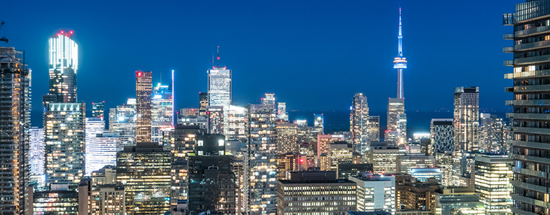 Downtown skyline of Toronto Canada at twilight.