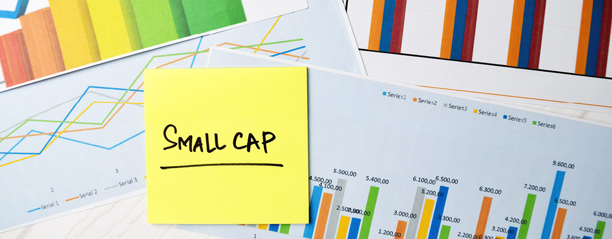 "Small Cap" written on a sticky note on an office desk over some charts.