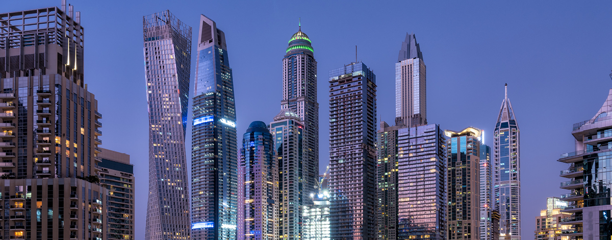 Night View of Dubai Architecture Complex.