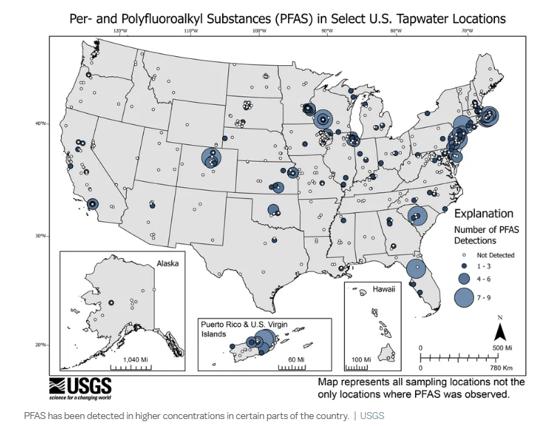 Illustration/map showing Per- and Polyfluoroalkyl Substances (PFAS) in Select U.S. Tapwater Locations