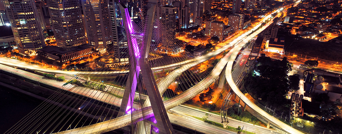 Estaiada's bridge night aerial view of São Paulo, Brazil's financial center.