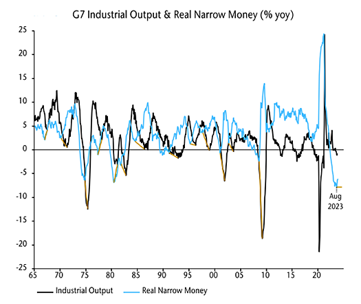 Line graph comparing the year-over-year change between industrial output and real narrow money over 2023.