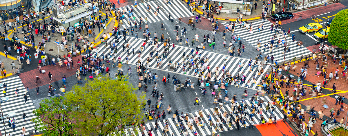 View of Shibuya Crossing in Tokyo, Japan, one of the busiest crosswalks in the world.