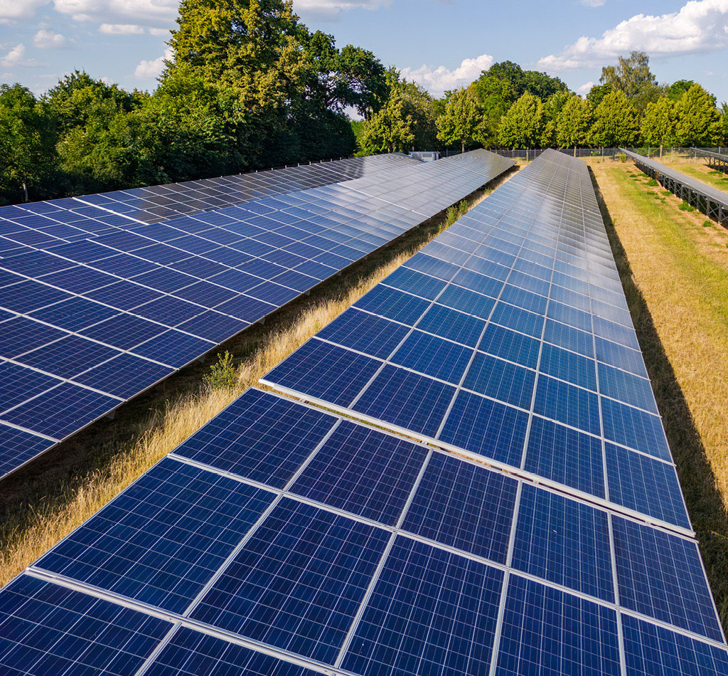 Solar panels on an agricultural field on a sunny day.