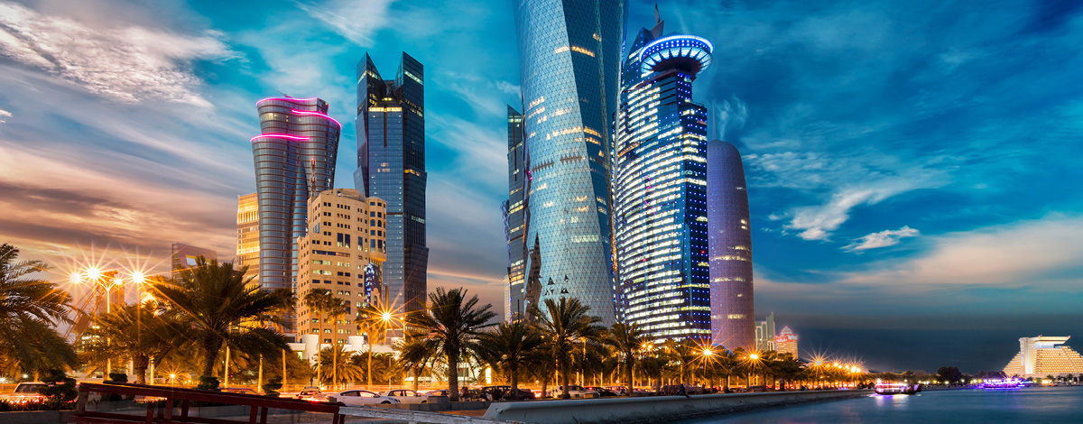 The skyline of Doha city center, Qatar, after sunset.