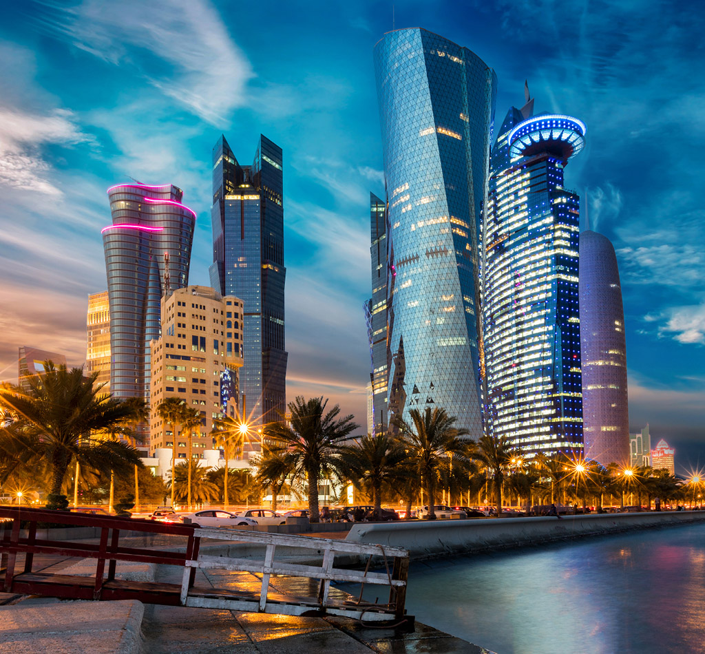 The skyline of Doha city center, Qatar, after sunset.