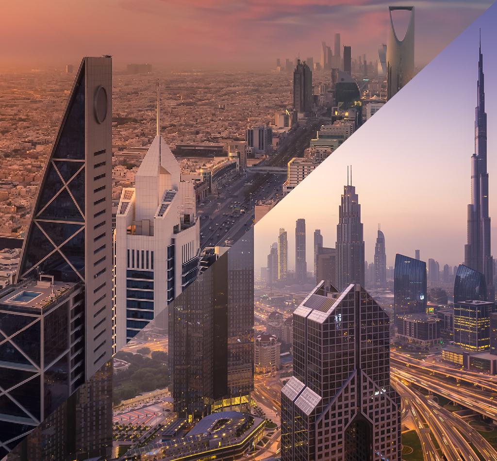 Upper left: Riyadh skyline at night in Saudi Arabia. Lower right: Dubai skyline and cityscape at sunrise in UAE.