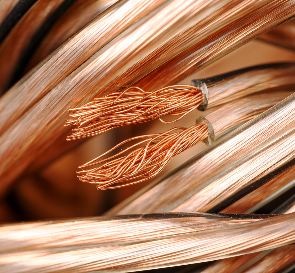 Copper speaker wire bundle is shown up close.