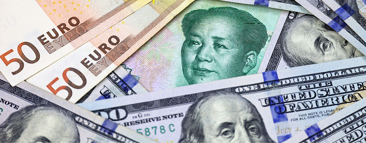 Chinese yuan, US dollars and Euro banknotes.