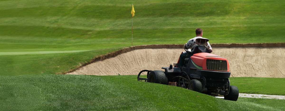 Ouvrier d'entretien de terrain de golf, coupant l'herbe verte.