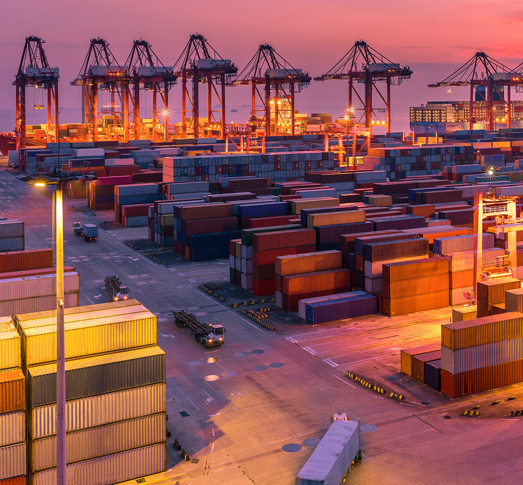 Yangshan deepwater port at sunset in Shanghai, China.