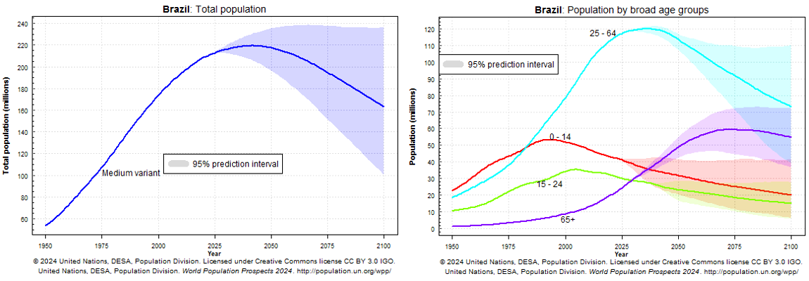 Two line graphs illustrating population growth. Graph 1 shows total population growth of Brazil with a predicted growth past 2025. Graph 2 shows population growth of Brazil by broad age groups, with predicted growth per group past 2025.