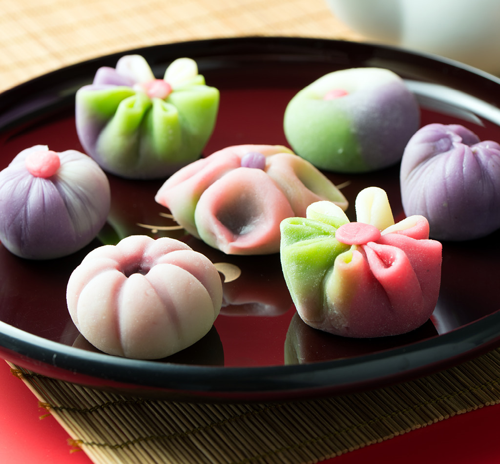 Japanese traditional confectionery cake wagashi served on plate.