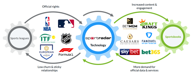 Illustration of Sportradar's relationships with sports leagues and sportsbooks.