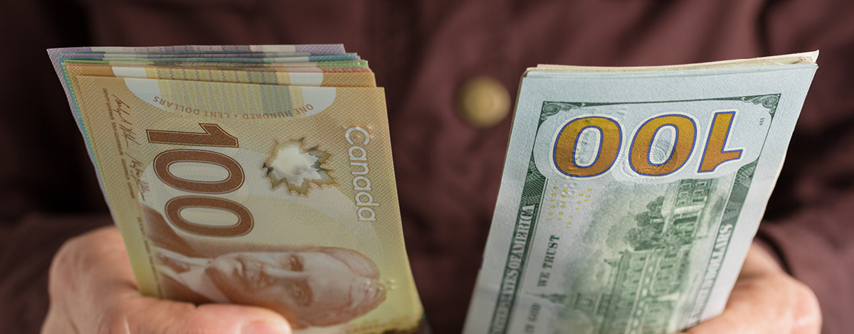 Person holding Canadian and American dollar bills.