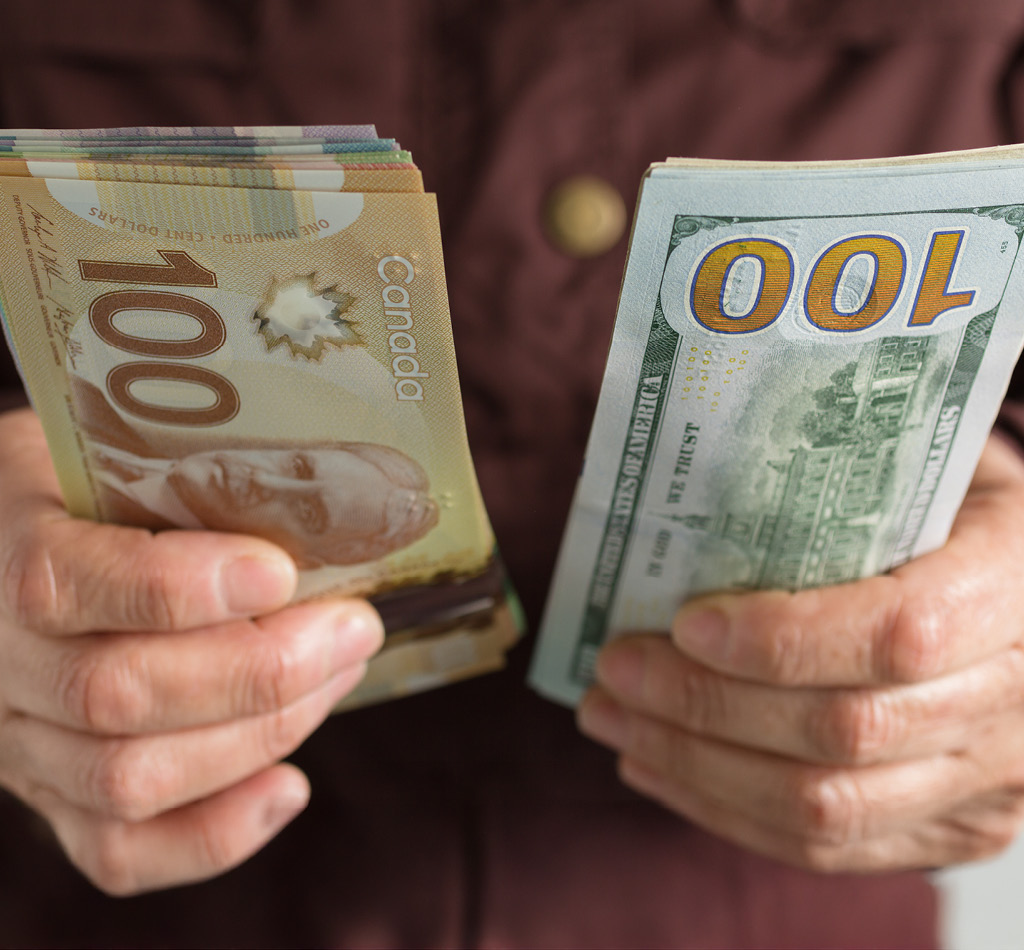 Person holding Canadian and American dollar bills.