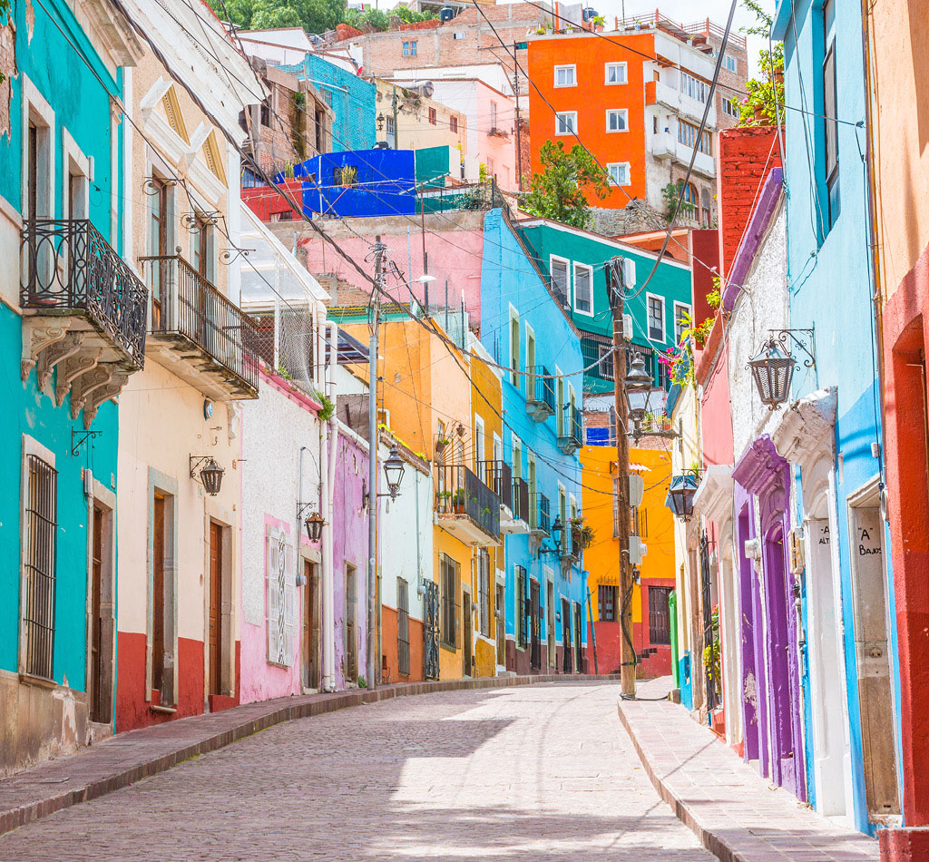 Colorful alleys and streets in Guanajuato city, Mexico.