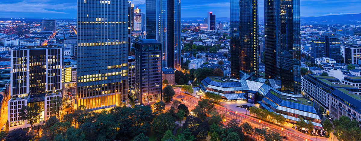 Arial view of bank towers in Frankfurt, Germany.