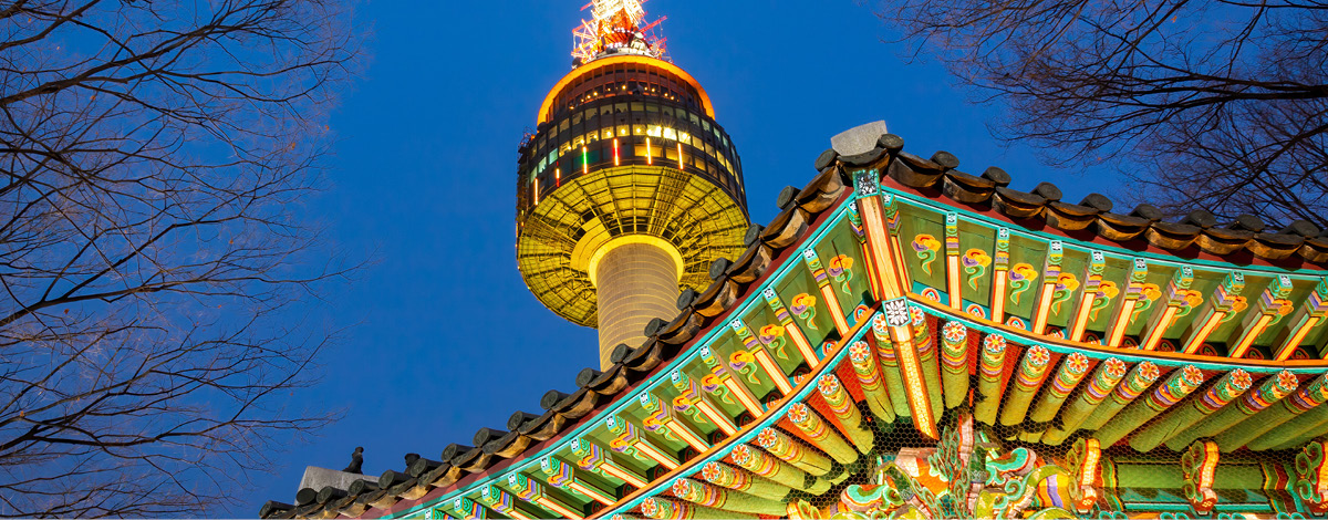 Korean temple in front of N Seoul Tower at Namsan Mountain Park.