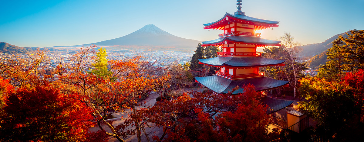 Chureito Pagoda and Mount Fuji in Fujiyoshida, Japan, during autumn.