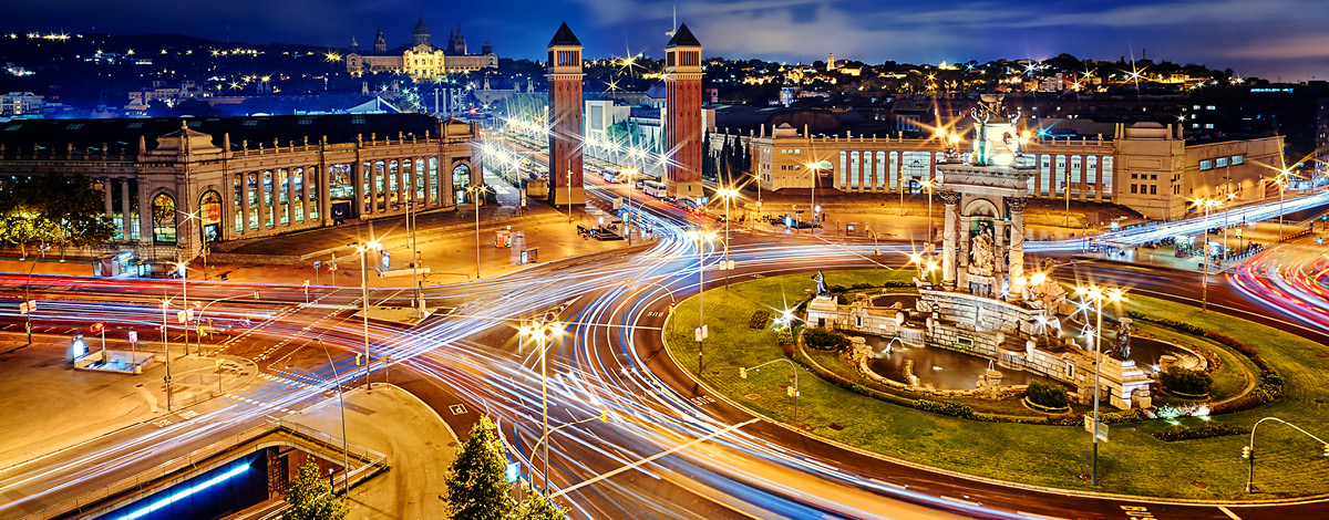 Plaça d'Espanya in Barcelona, Spain at night.