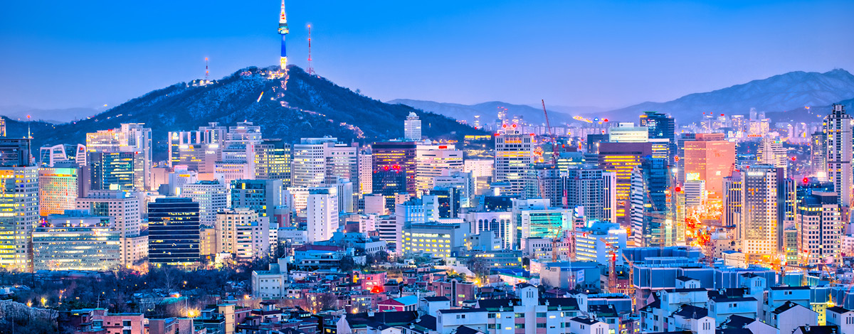 Seoul cityscape at twilight in South Korea.