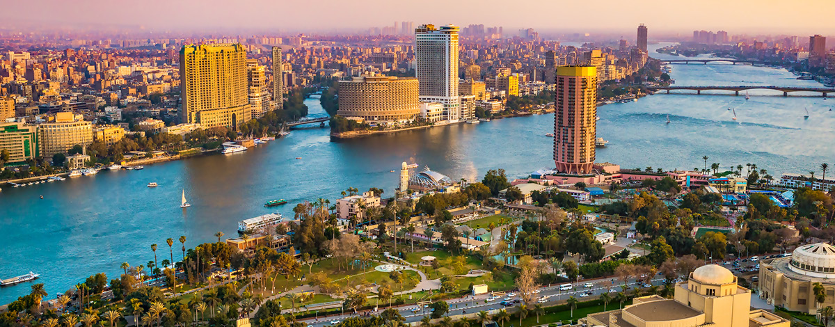 Sunset over the skyline of the Nile River and Cairo, Egypt.