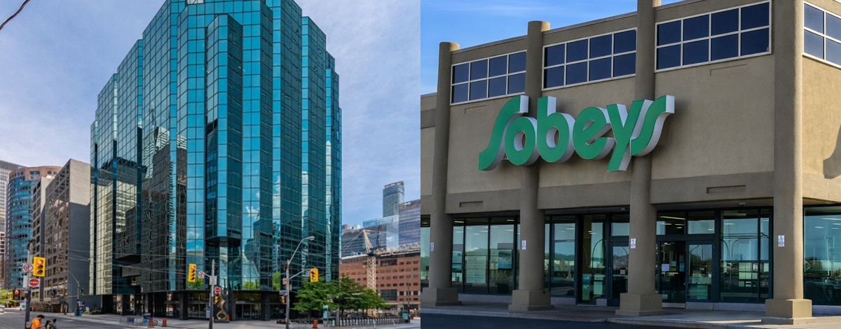 Exterior of a Sobeys grocery store; exterior of the office building at 145 Wellington Street West in Toronto, Ontario.