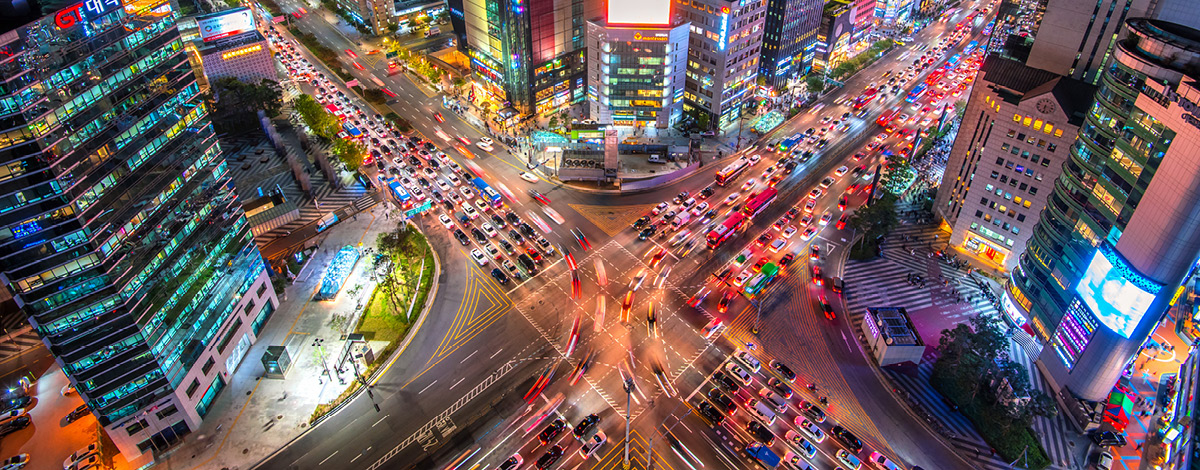 View of downtown Gangnam Square in Seoul, South Korea.