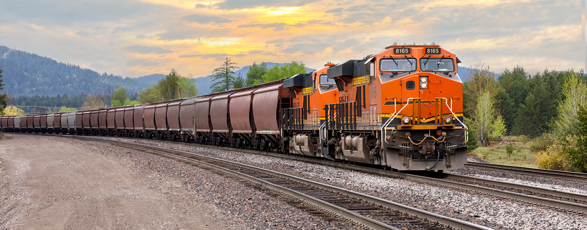 Freight train with a colorful sunset in the background.