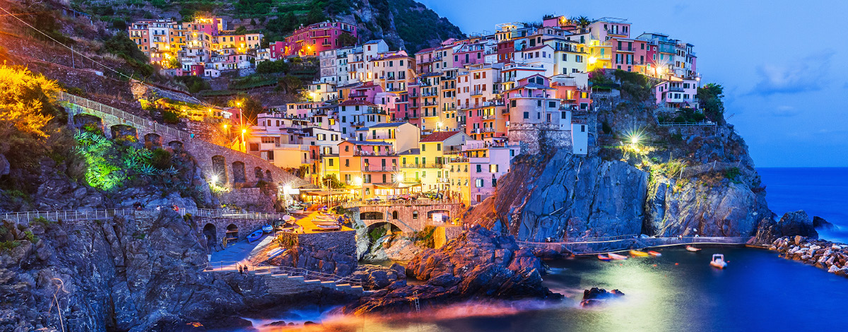 Manarola village at dusk. Cinque Terre National Park, Italy.