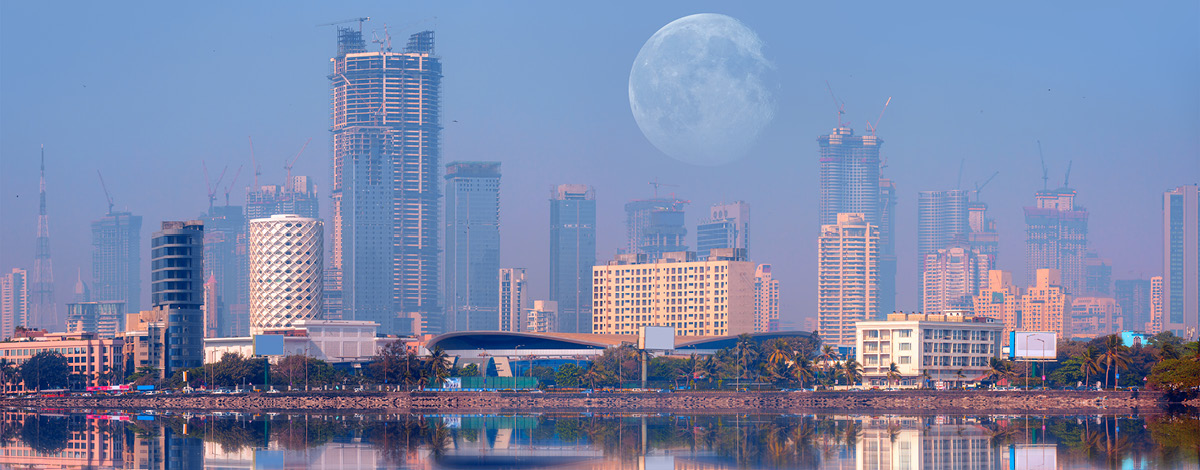 Mumbai skyline at sunset, the financial and entertainment capital of India.