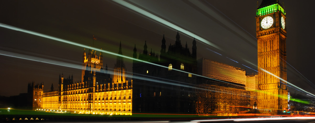 The Houses of Parliament and Big Ben illuminated at night, central London, England.