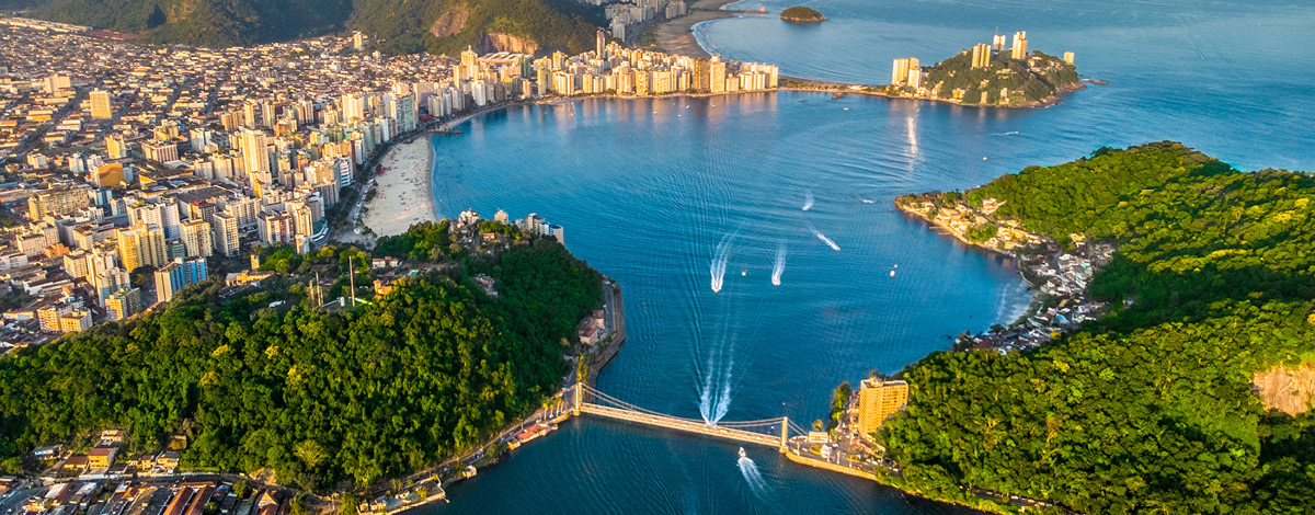 View of the bay of São Vicente with Santos to the bottom in São Paulo, Brazil.
